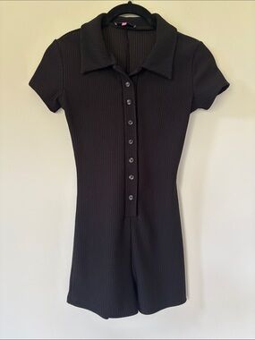 Edikted Black Ribbed Polo Romper Dress XS
